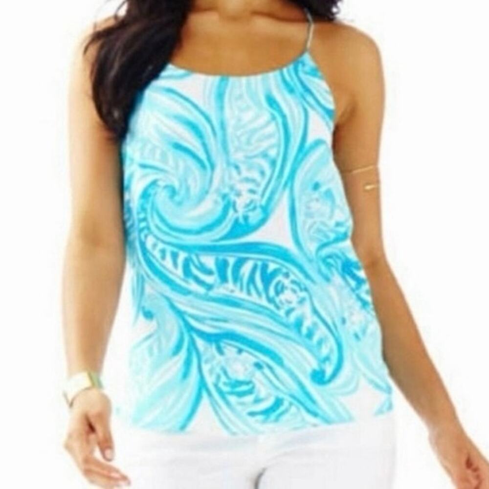 Lilly Pulitzer Silk Belle Racerback Tank Sea Ruffles Blue White Size M